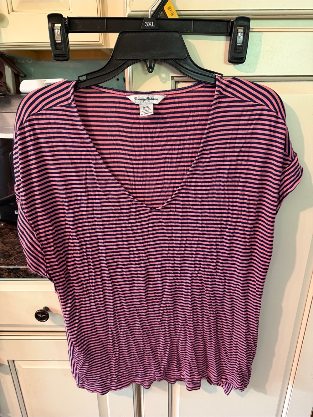 Tommy Bahama Pink and Navy Striped V-Neck Tee